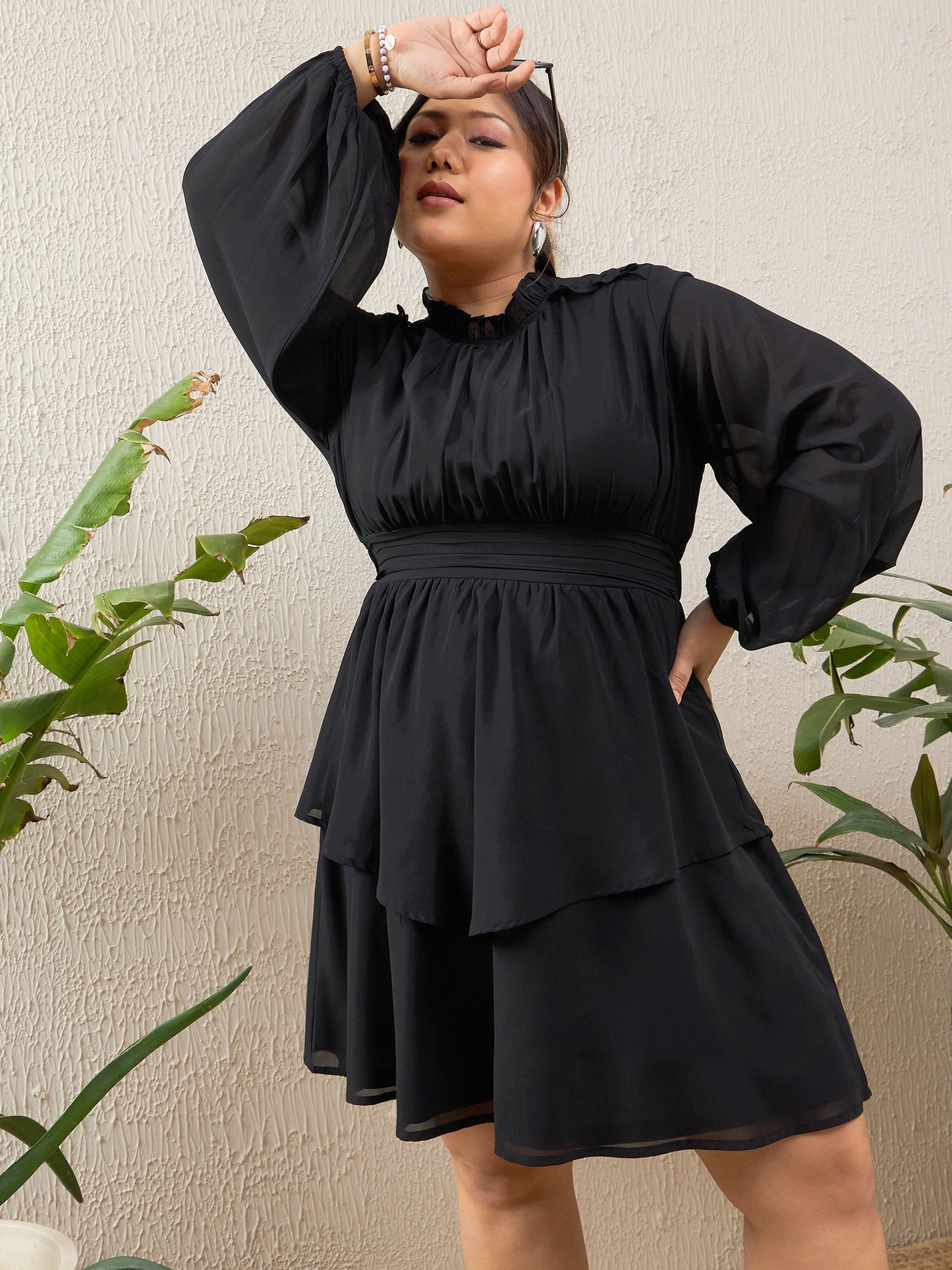 Black Solid Frill Neck Short Dress