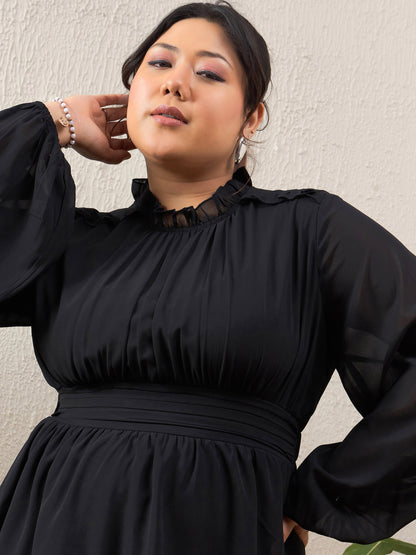 Black Solid Frill Neck Short Dress
