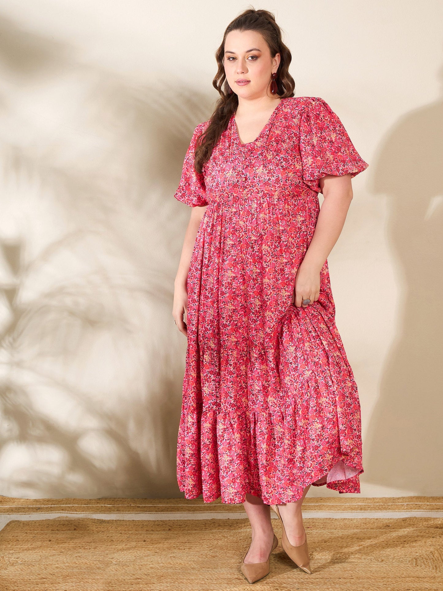 Red Floral V Neck Maxi Dress