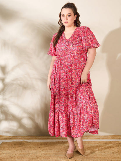 Red Floral V Neck Maxi Dress