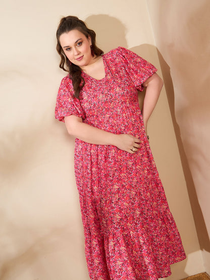 Red Floral V Neck Maxi Dress