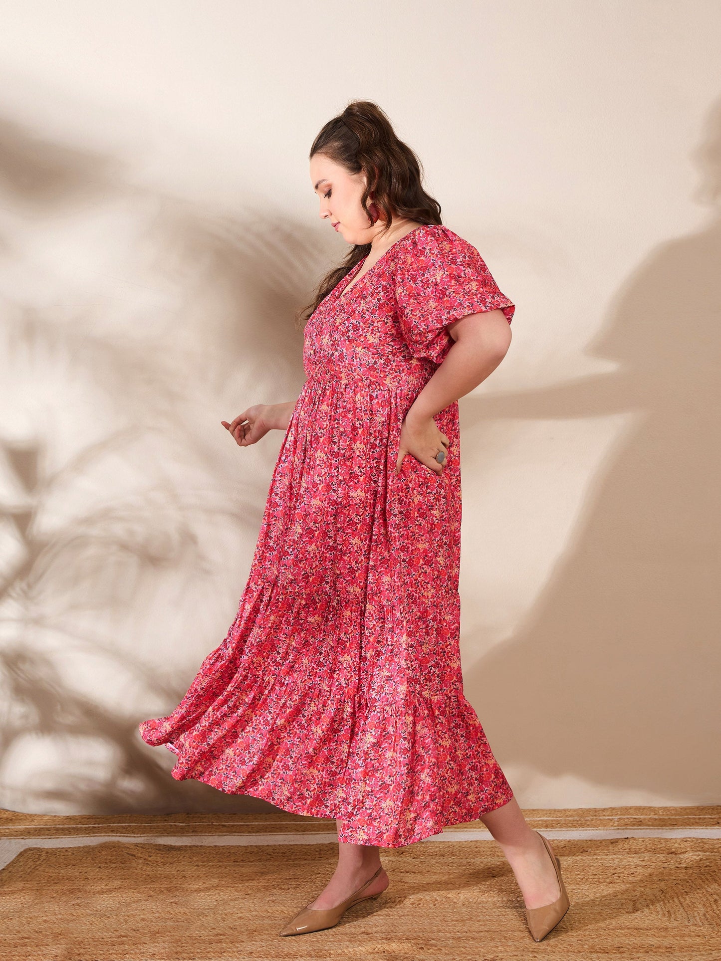 Red Floral V Neck Maxi Dress