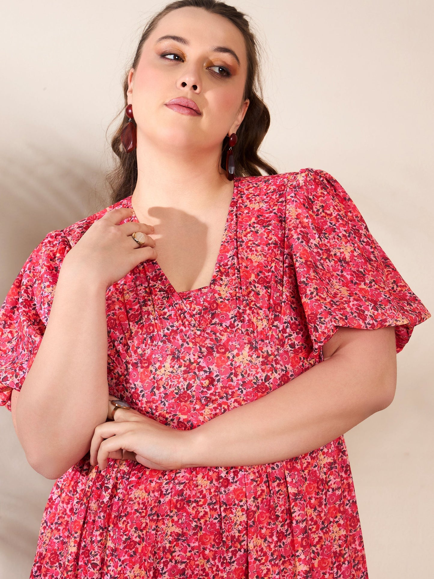 Red Floral V Neck Maxi Dress