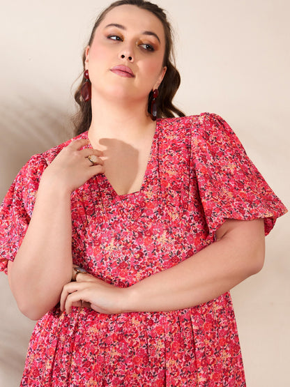 Red Floral V Neck Maxi Dress
