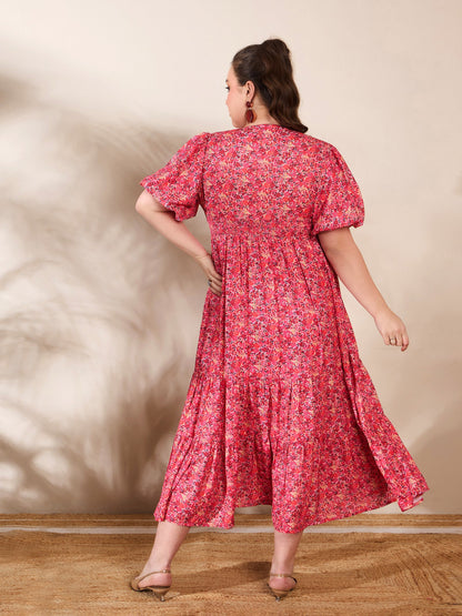 Red Floral V Neck Maxi Dress