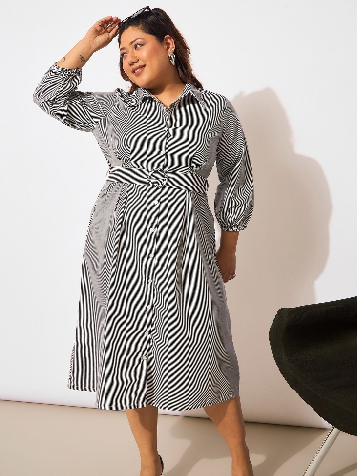 White & Black Pinstripes Belted Midi Shirt Dress