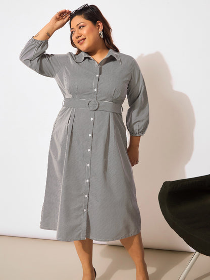 White & Black Pinstripes Belted Midi Shirt Dress