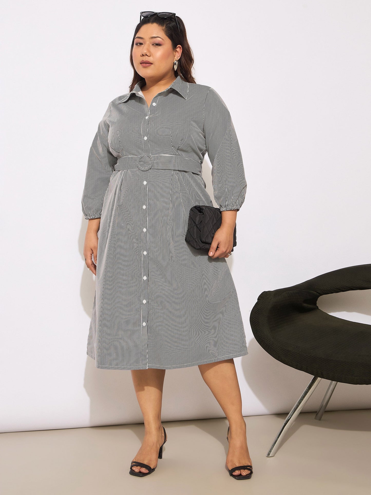 White & Black Pinstripes Belted Midi Shirt Dress