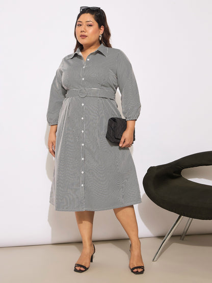 White & Black Pinstripes Belted Midi Shirt Dress