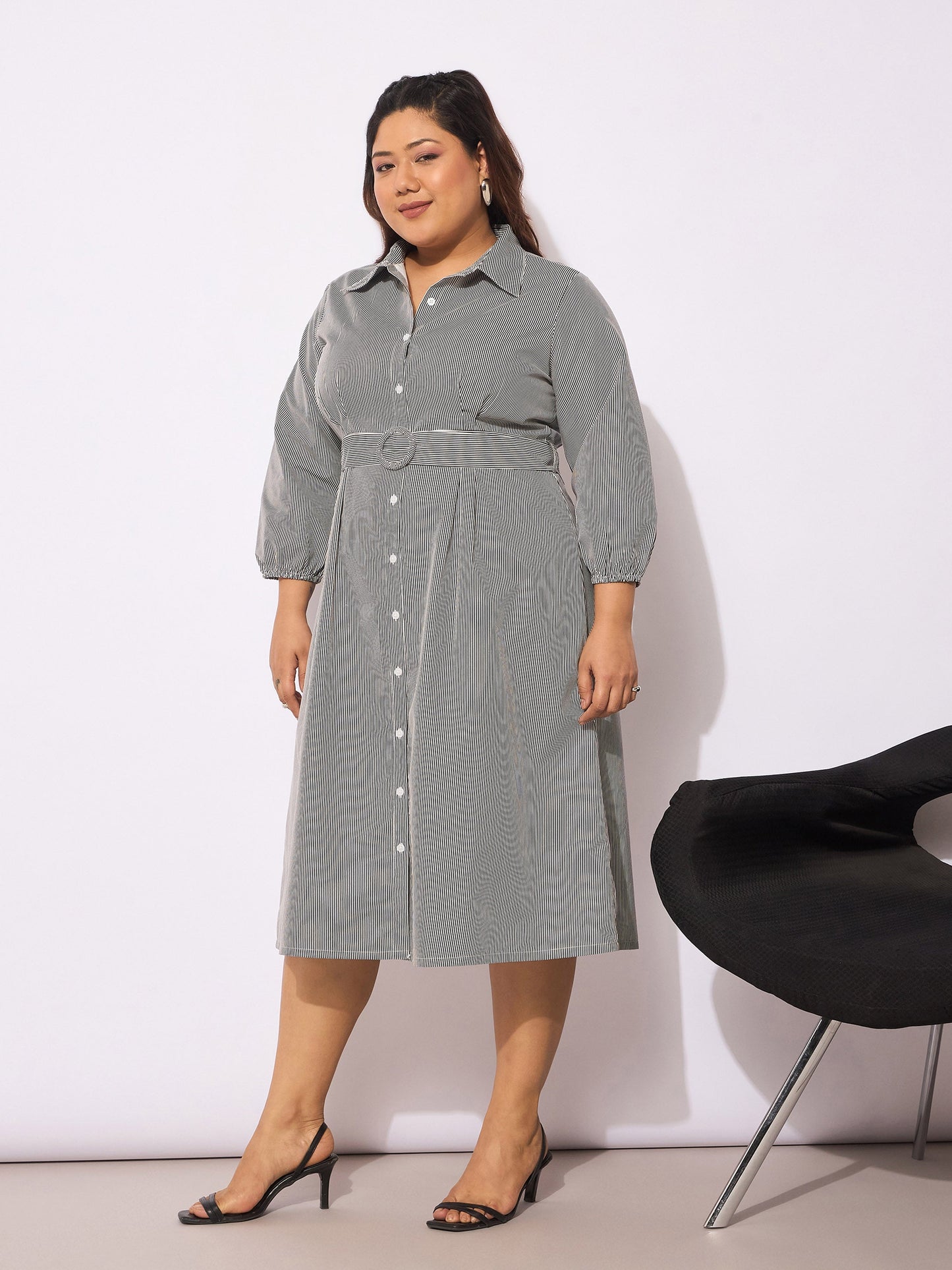 White & Black Pinstripes Belted Midi Shirt Dress