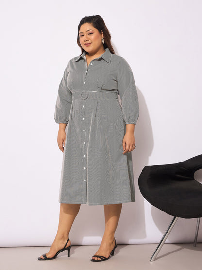 White & Black Pinstripes Belted Midi Shirt Dress