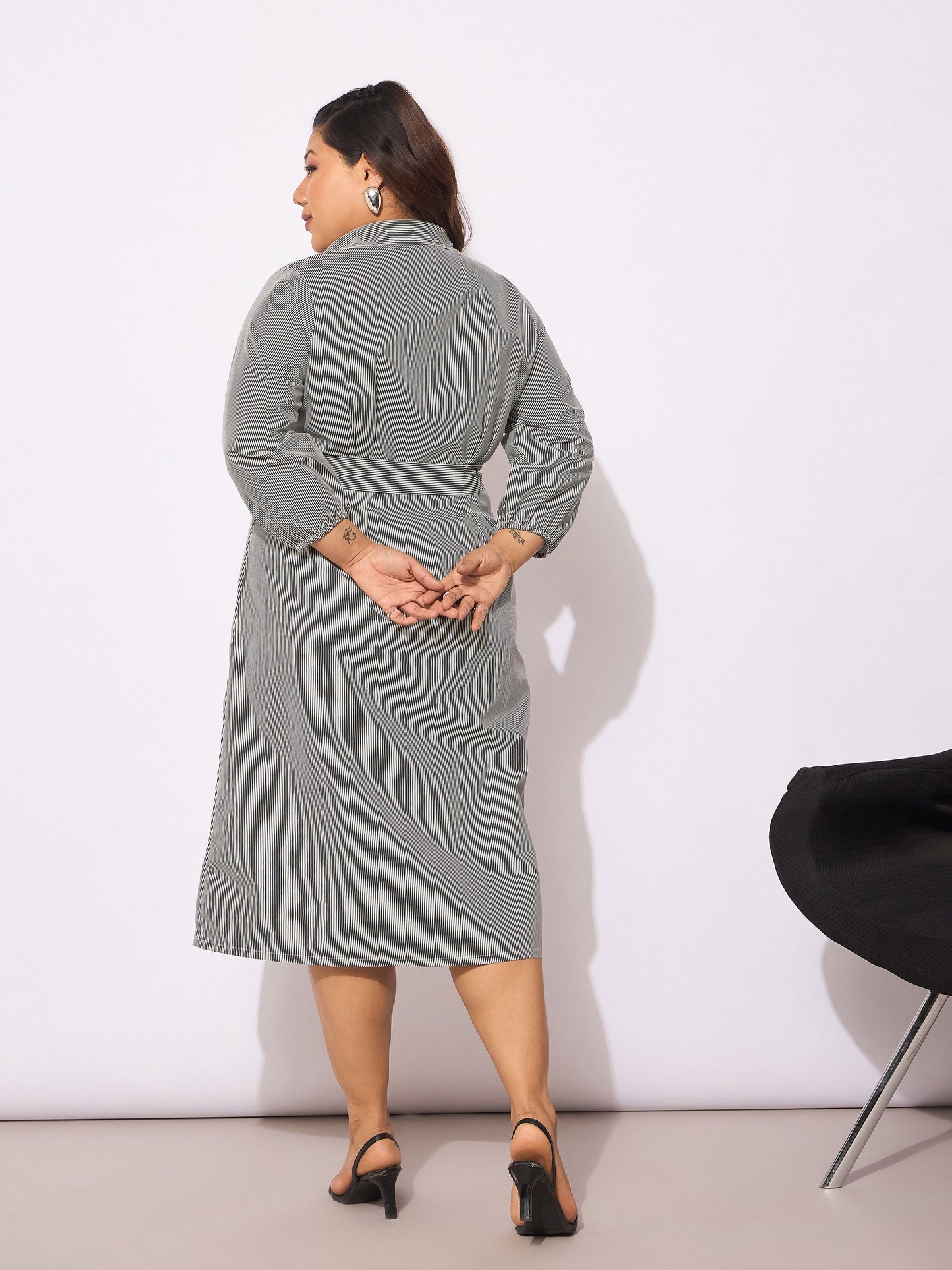 White & Black Pinstripes Belted Midi Shirt Dress