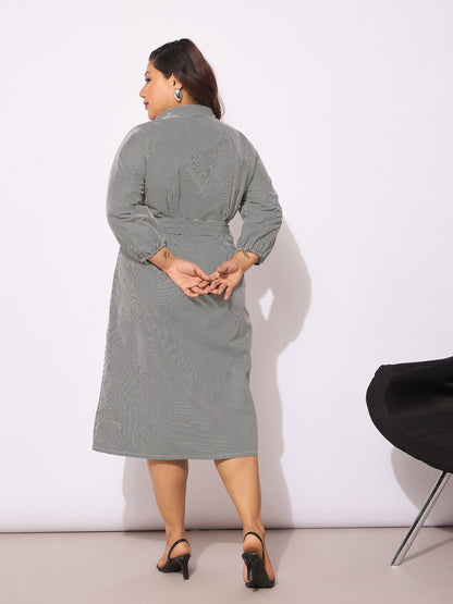 White & Black Pinstripes Belted Midi Shirt Dress