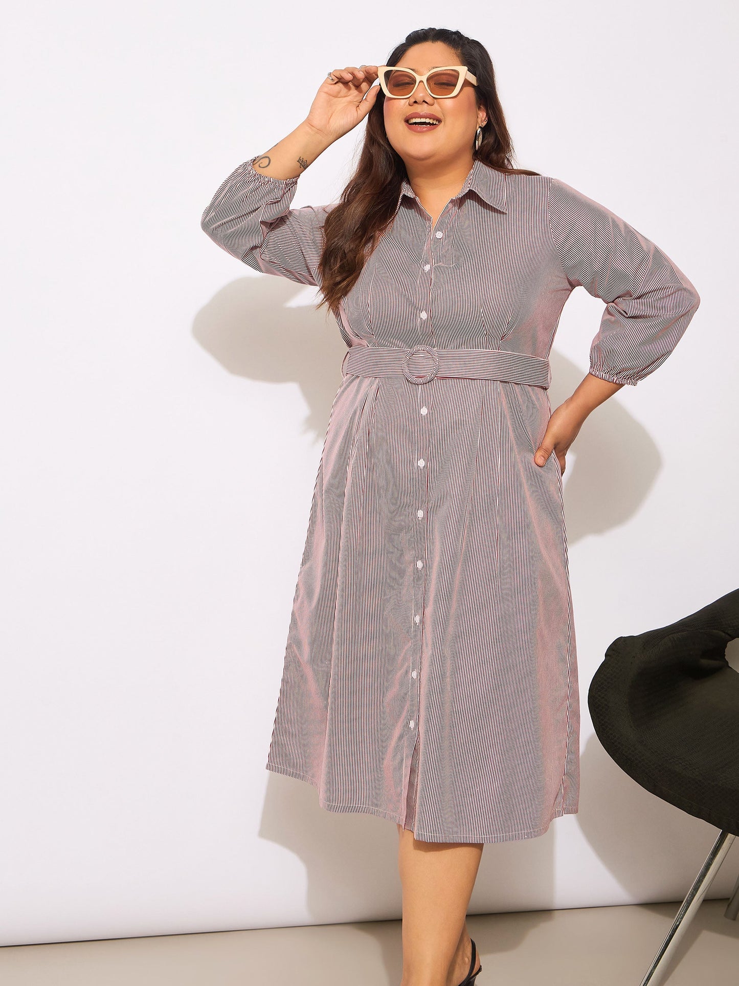 White & Red Pinstripes Belted Midi Shirt Dress