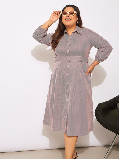 White & Red Pinstripes Belted Midi Shirt Dress