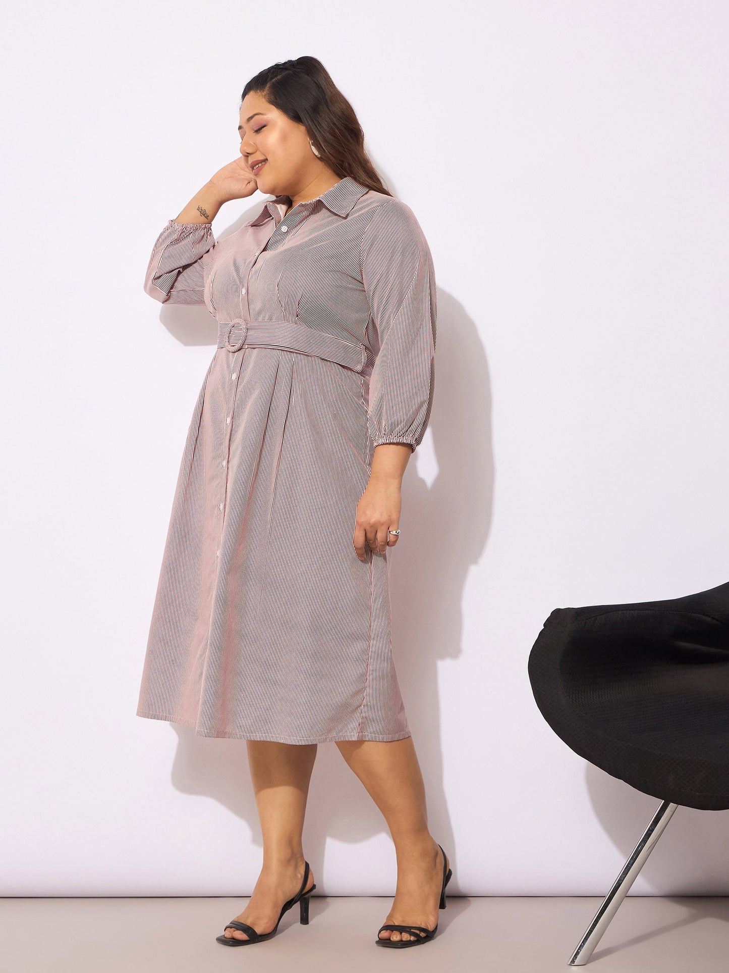 White & Red Pinstripes Belted Midi Shirt Dress