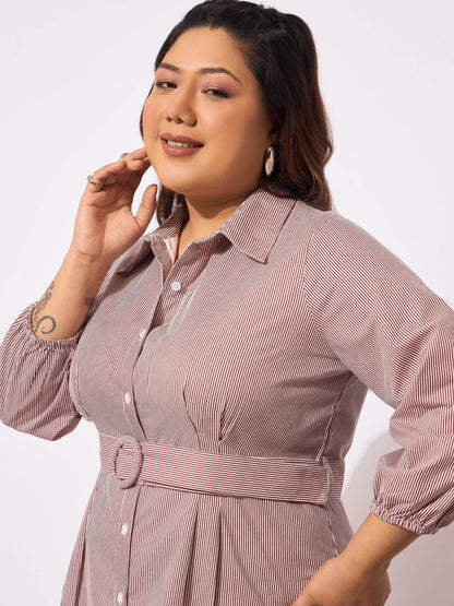 White & Red Pinstripes Belted Midi Shirt Dress