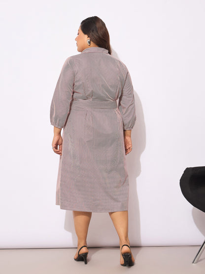 White & Red Pinstripes Belted Midi Shirt Dress