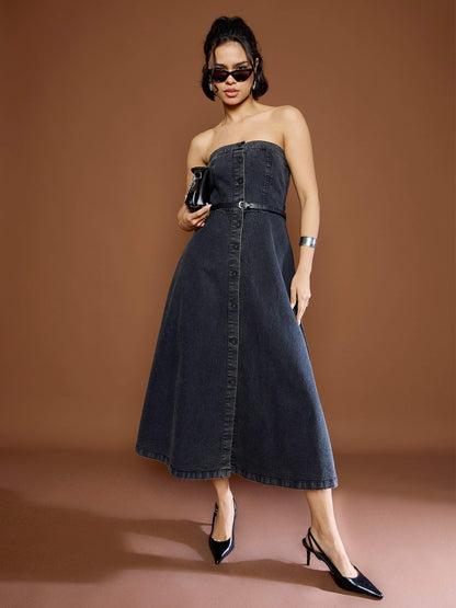 Women Black Washed Denim Off Shoulder Dress