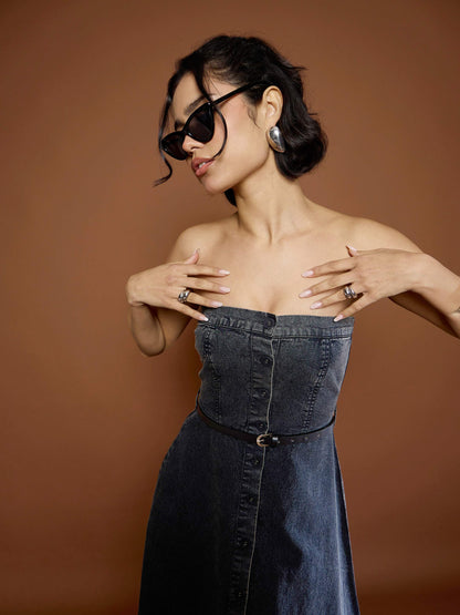 Women Black Washed Denim Off Shoulder Dress