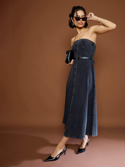 Women Black Washed Denim Off Shoulder Dress