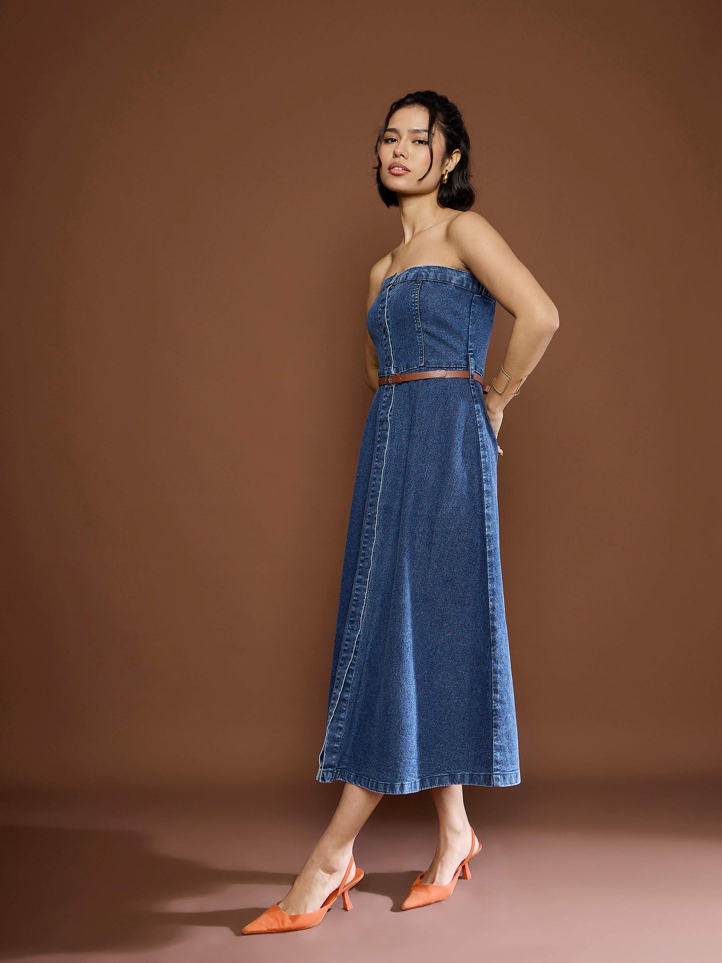 Women Blue Washed Denim Tube Dress