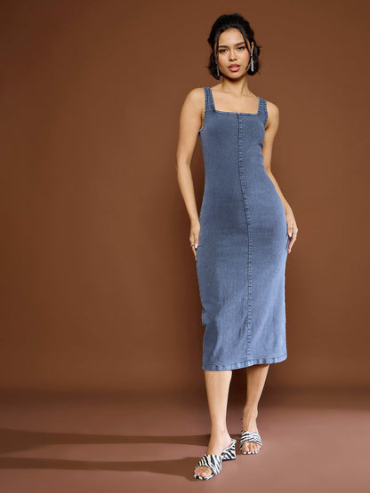 Women Blue Acid Wash Strappy Midi Dress