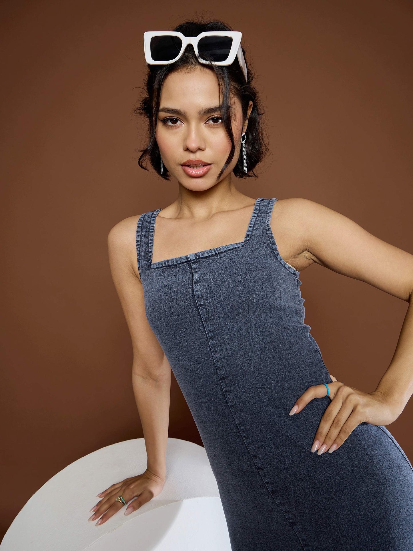 Women Blue Acid Wash Strappy Midi Dress