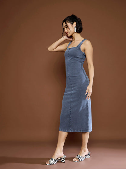 Women Blue Acid Wash Strappy Midi Dress