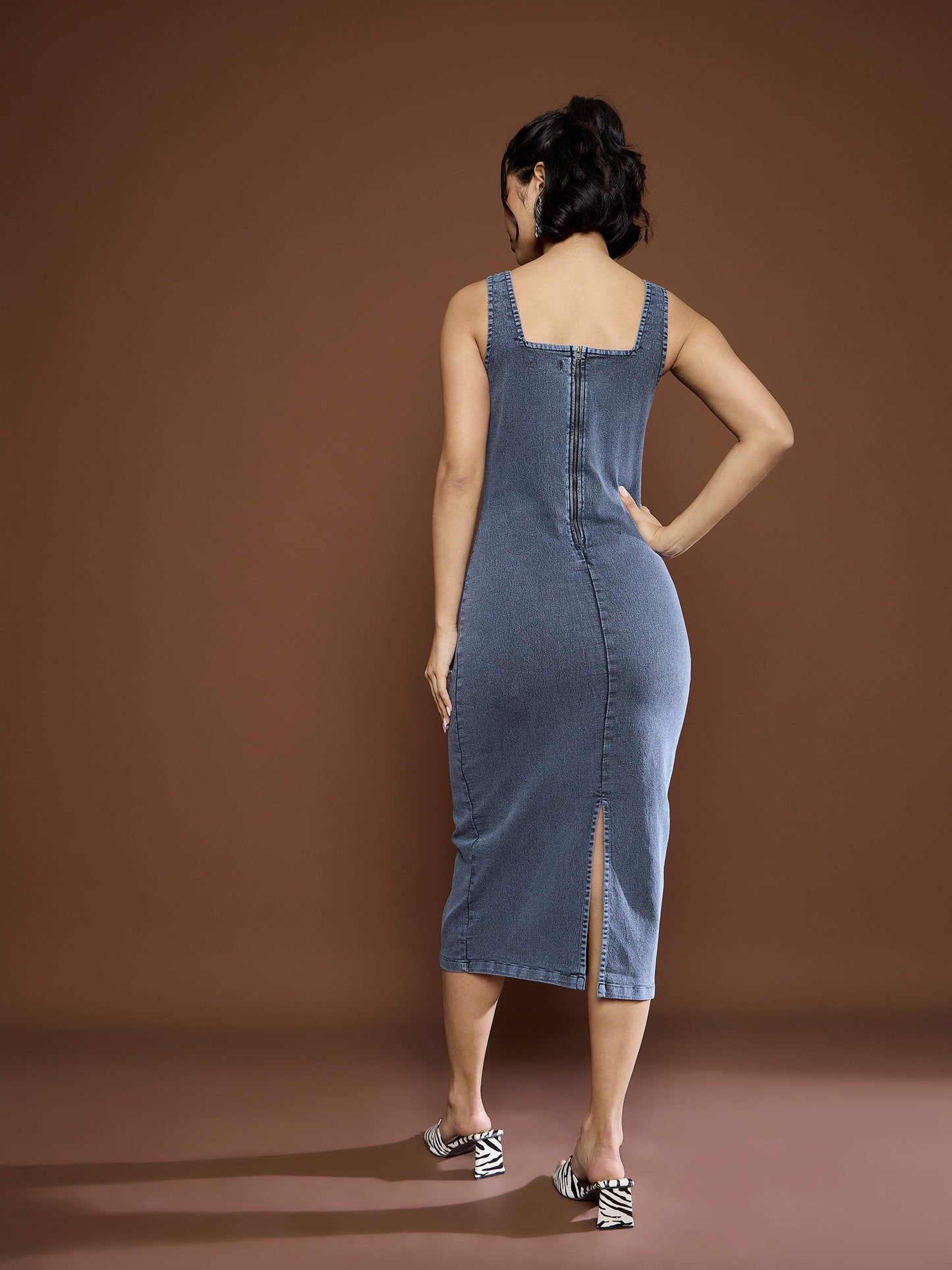 Women Blue Acid Wash Strappy Midi Dress