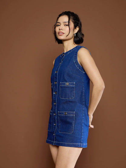 Women Navy Blue Front Pocket Short Dress