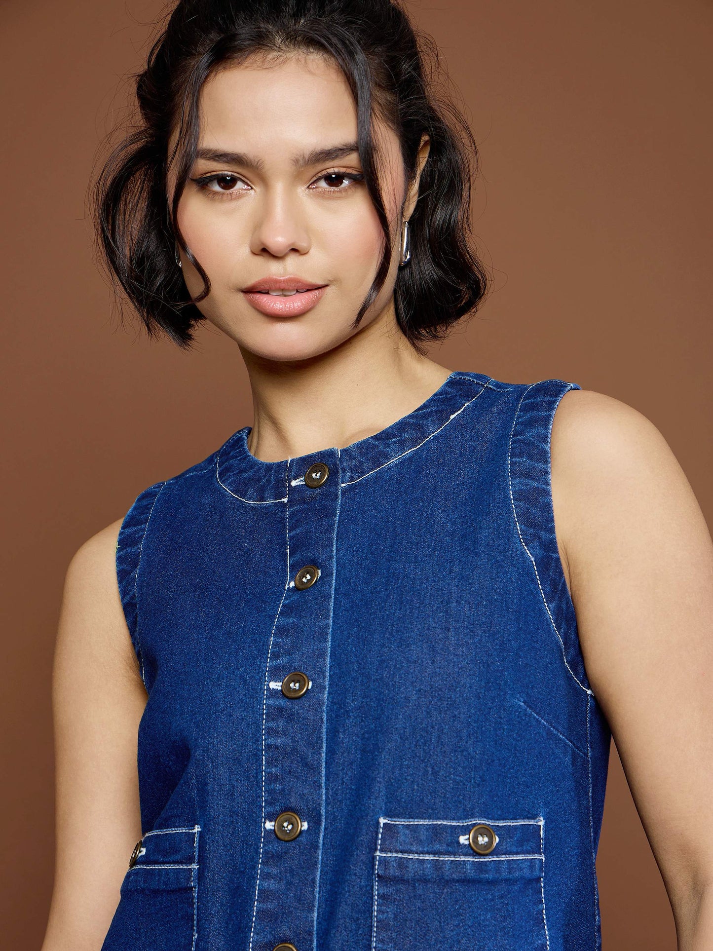 Women Navy Blue Front Pocket Short Dress