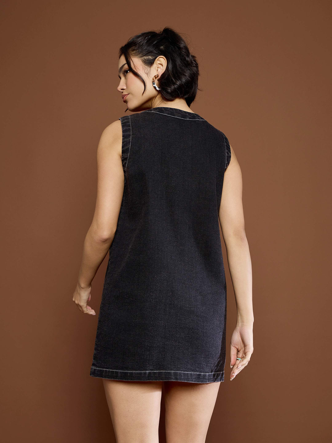 Women Black Washed Front Pocket Short Dress