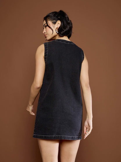 Women Black Washed Front Pocket Short Dress