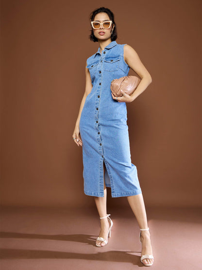 Women Blue Denim Front Button Midi Dress