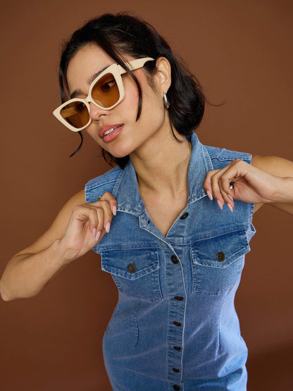 Women Blue Denim Front Button Midi Dress