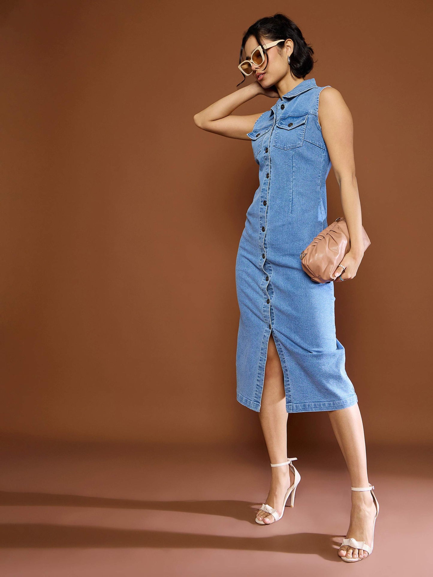 Women Blue Denim Front Button Midi Dress