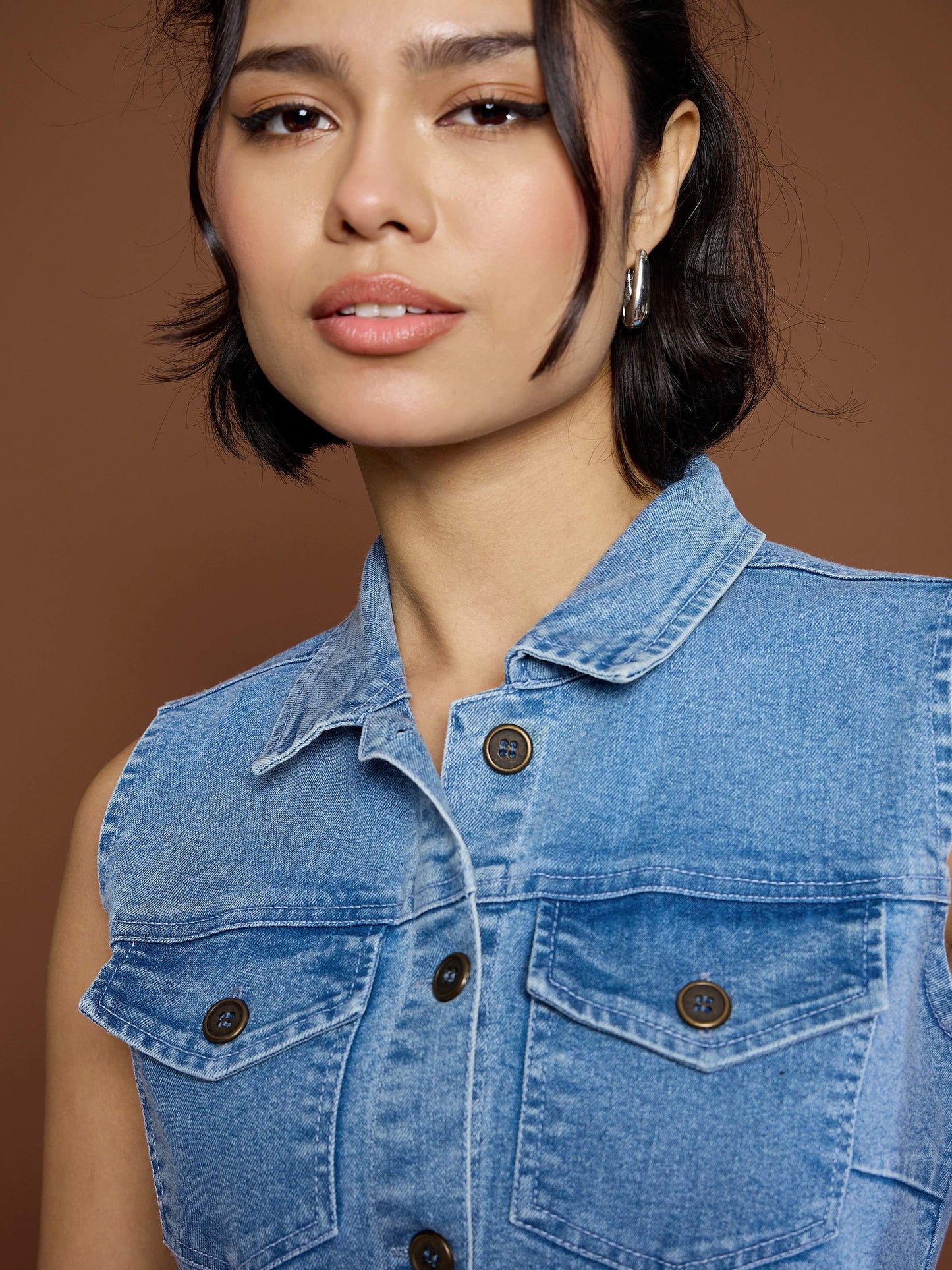 Women Blue Denim Front Button Midi Dress