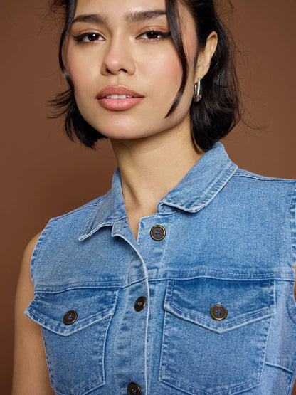 Women Blue Denim Front Button Midi Dress