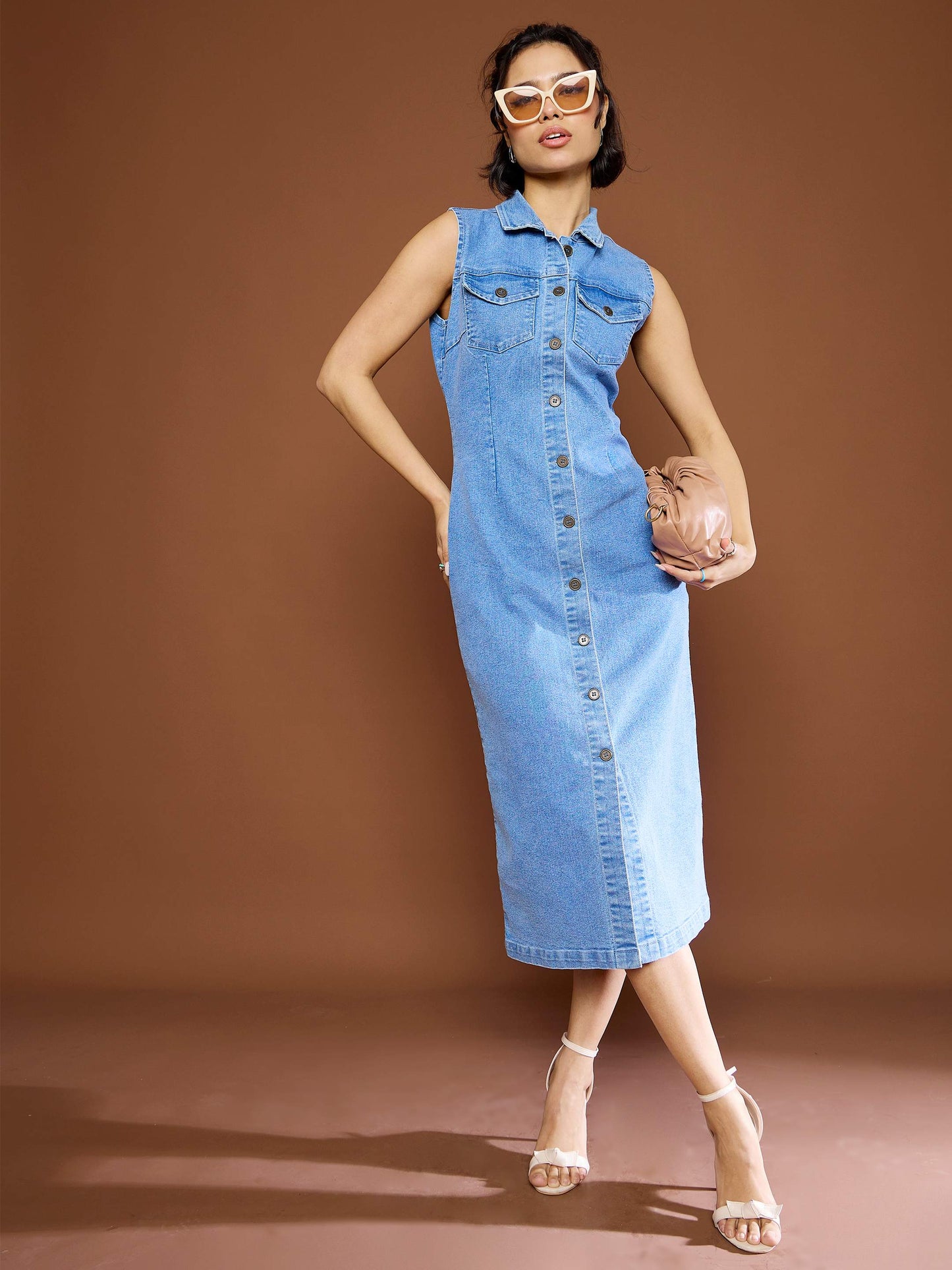 Women Blue Denim Front Button Midi Dress