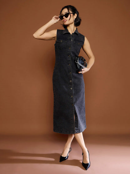Women Black Washed Denim Front Button Midi Dress