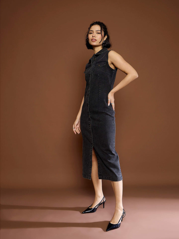 Women Black Washed Denim Front Button Midi Dress