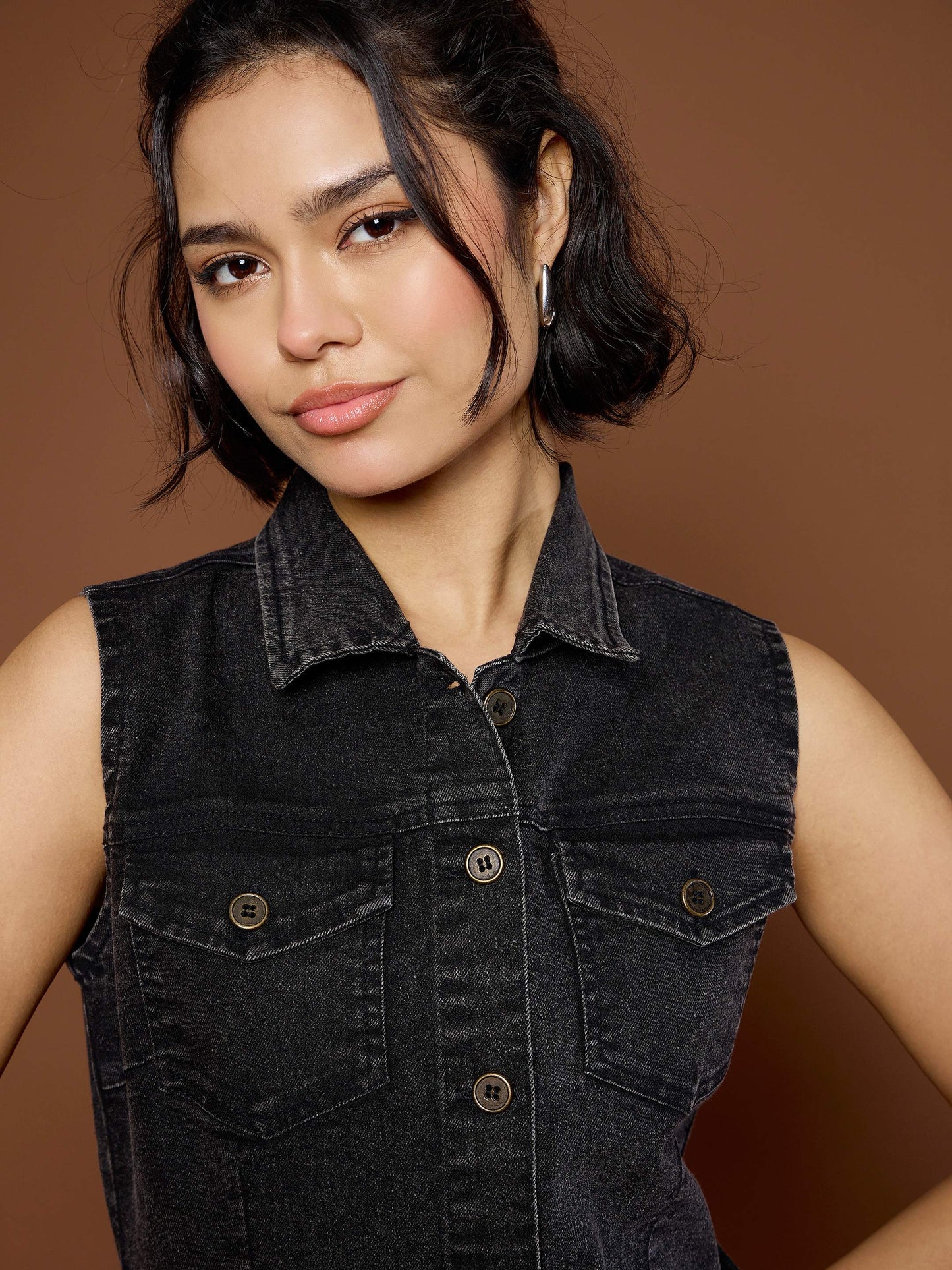 Women Black Washed Denim Front Button Midi Dress