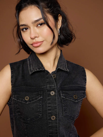 Women Black Washed Denim Front Button Midi Dress