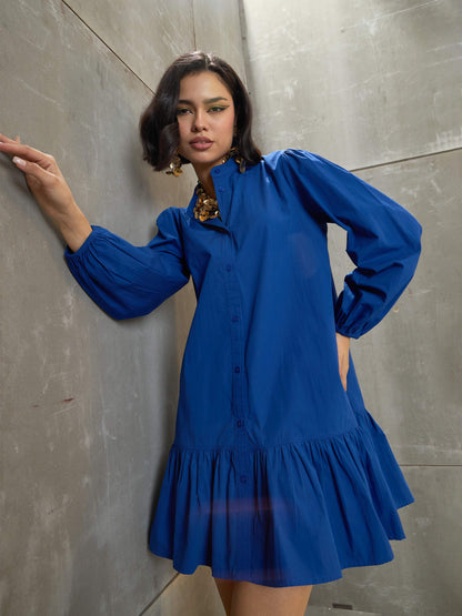 Royal Blue Poplin Frill Hem Short Dress