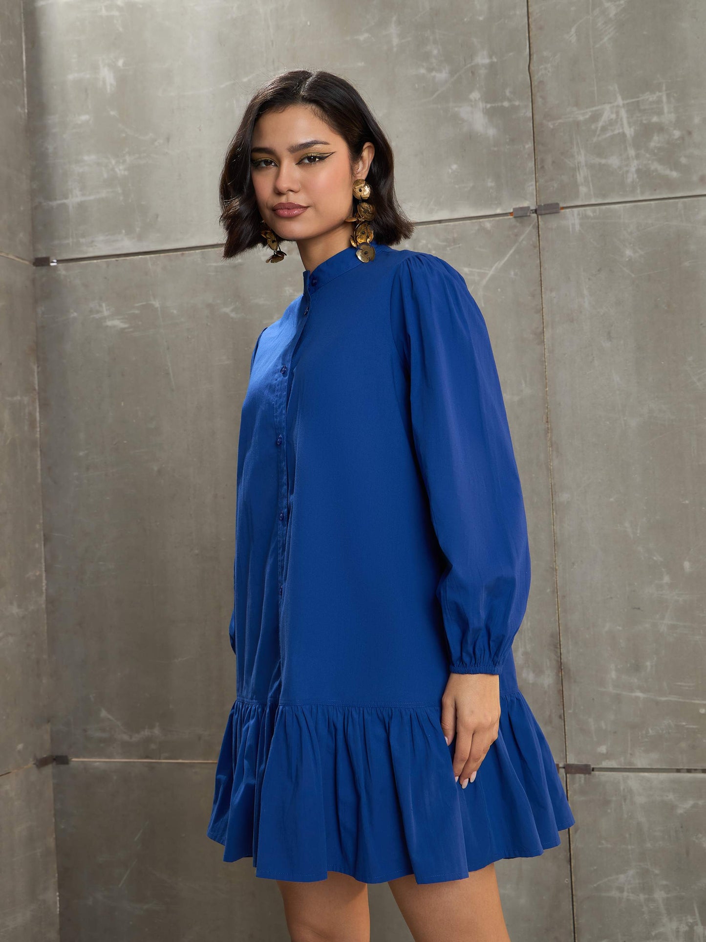 Royal Blue Poplin Frill Hem Short Dress