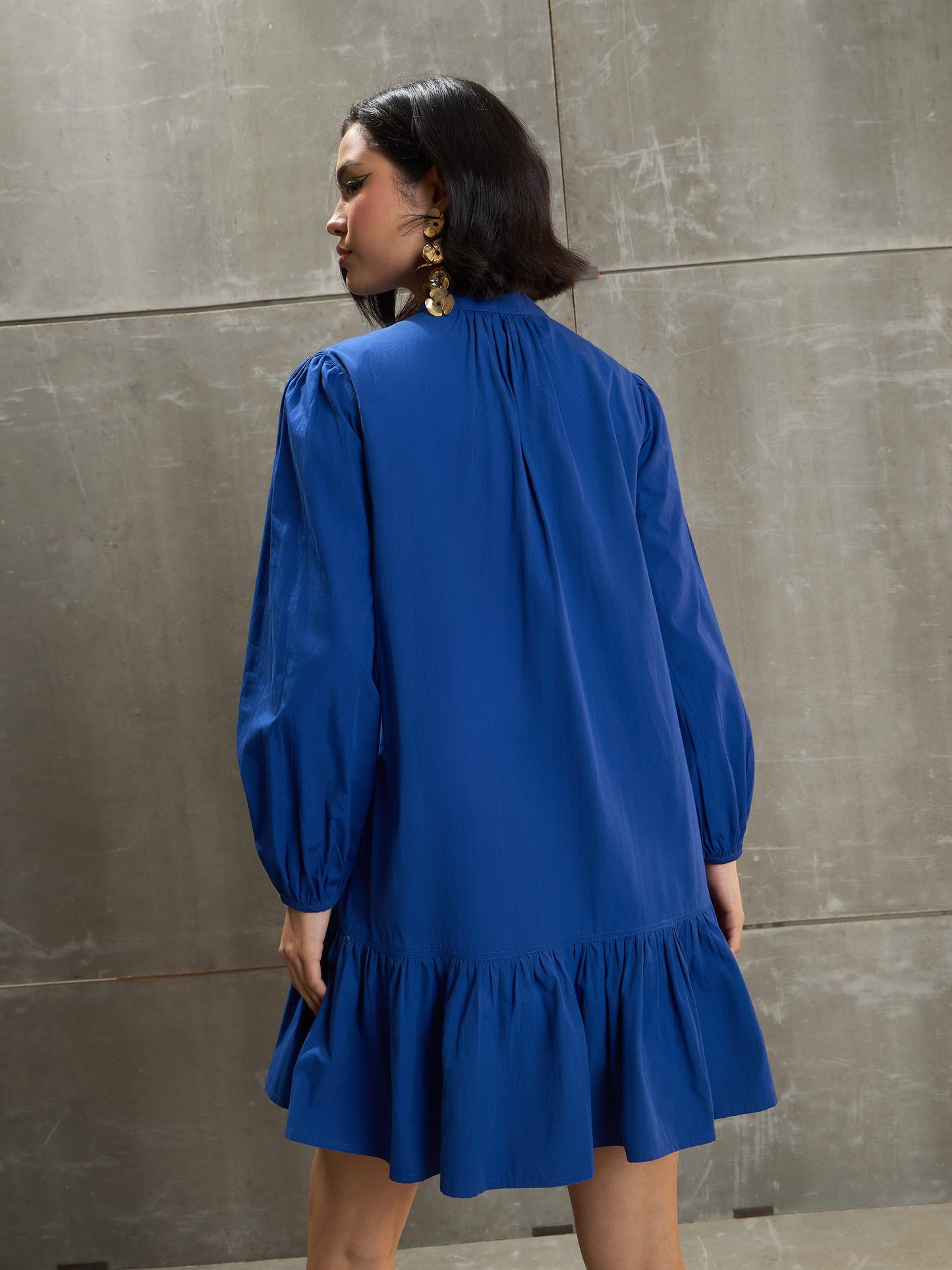 Royal Blue Poplin Frill Hem Short Dress