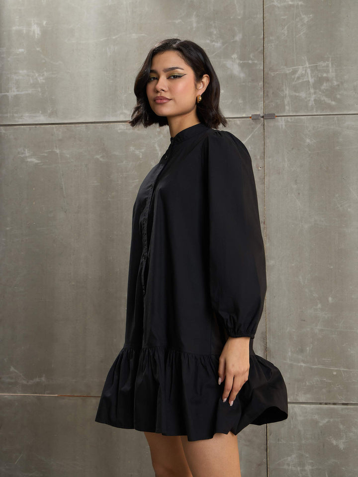 Women Black Poplin Frill Hem Short Dress
