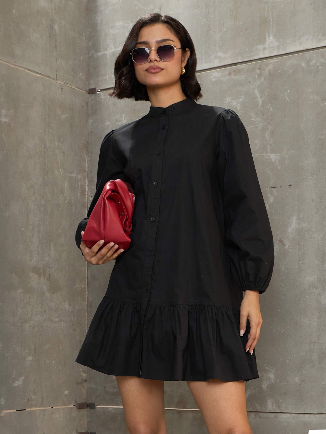 Women Black Poplin Frill Hem Short Dress