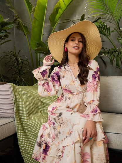 Women Off-White Floral V-Neck Flared Maxi Dress